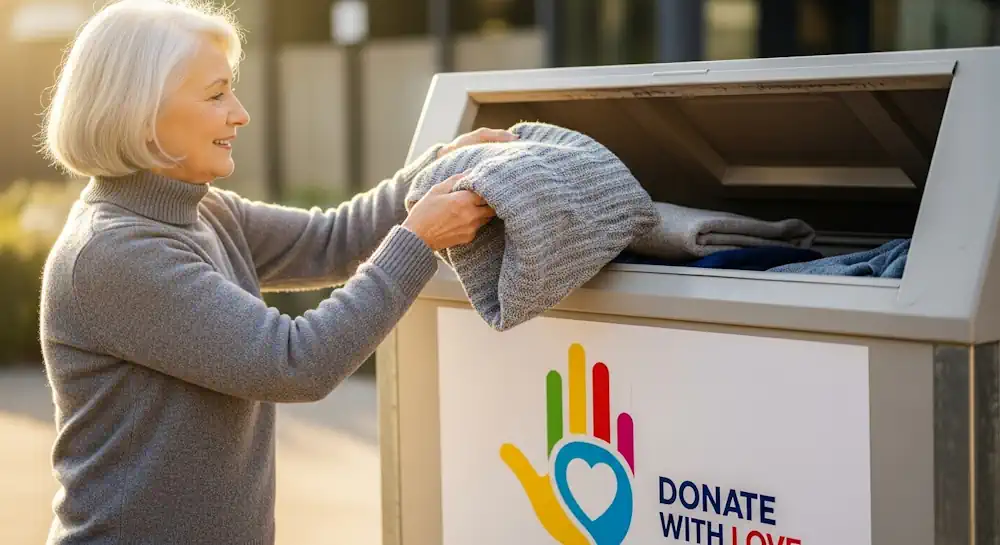 Woman Putting Clothes in the Donation Bin