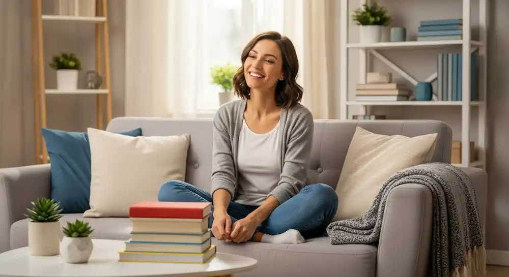 A Woman Happy with the Results of Tidying Her Living Room